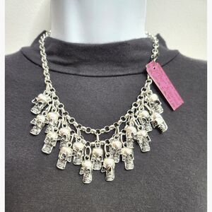 Betsey Johnson Multi Skull Charm Necklace Silver Chain Punk Glam Goth New
